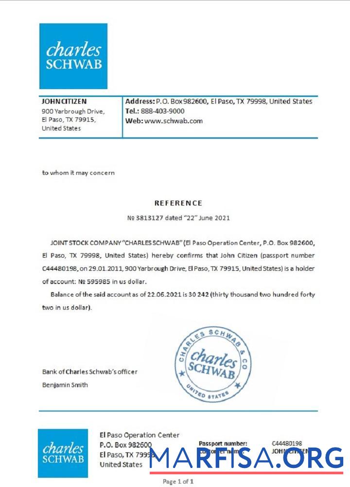Printable USA Charles Schwab reference sample